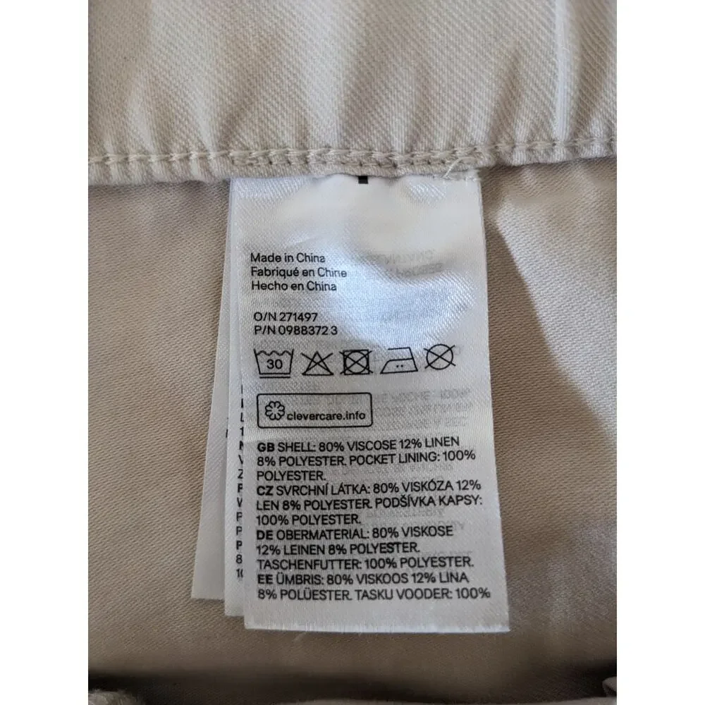 H&M Wide Leg Linen Blend Pants Sz L Beige Tan Side Slit Coastal Office Business